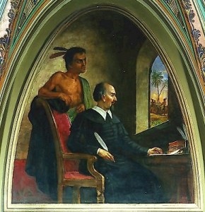 Painting of Bartolome de las Casa and a Native American as he writes of their destruction.